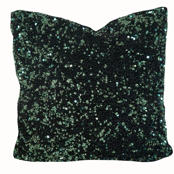 Small cushion case, elegant, dark green sparkle, soft sequins, double-face cover, small, square, modern interior
