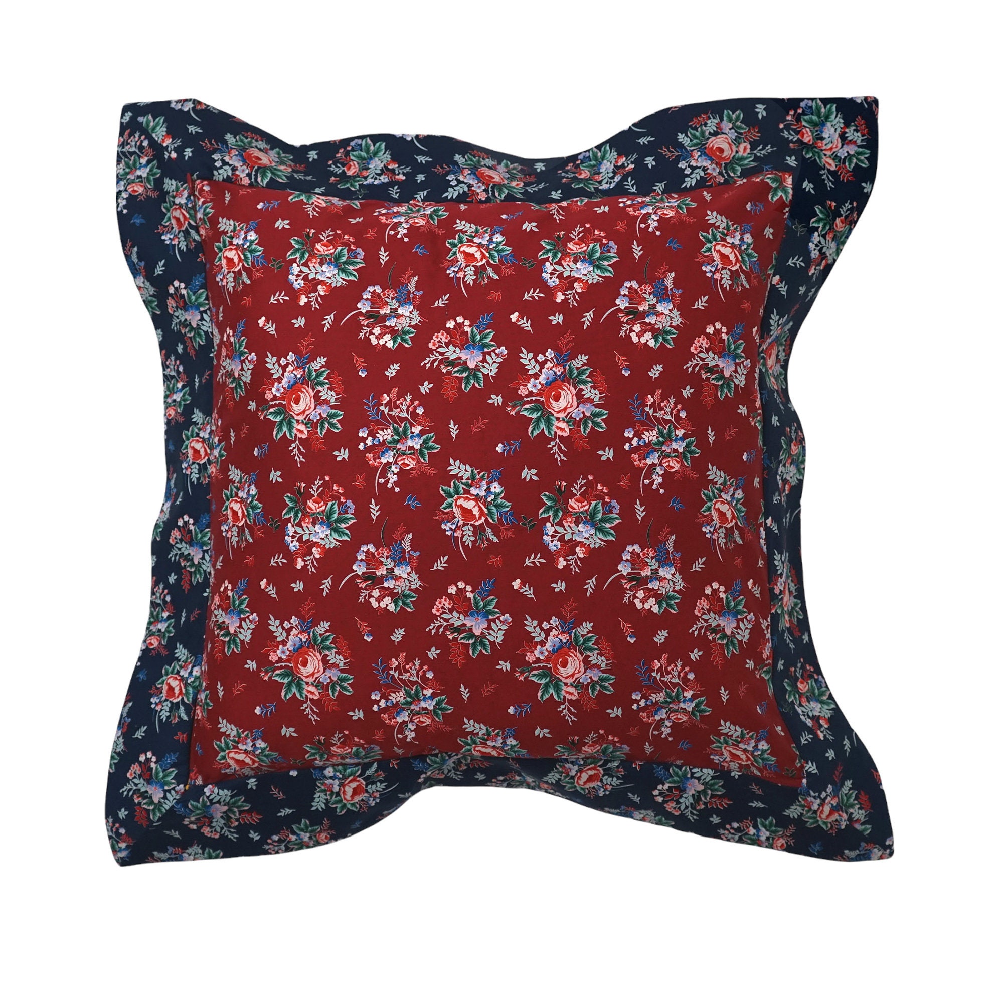 English Garden Housse de Coussin Carée A Volant Plat, Coton Imprimé Fleurs, Roses, Rouge Framboise e