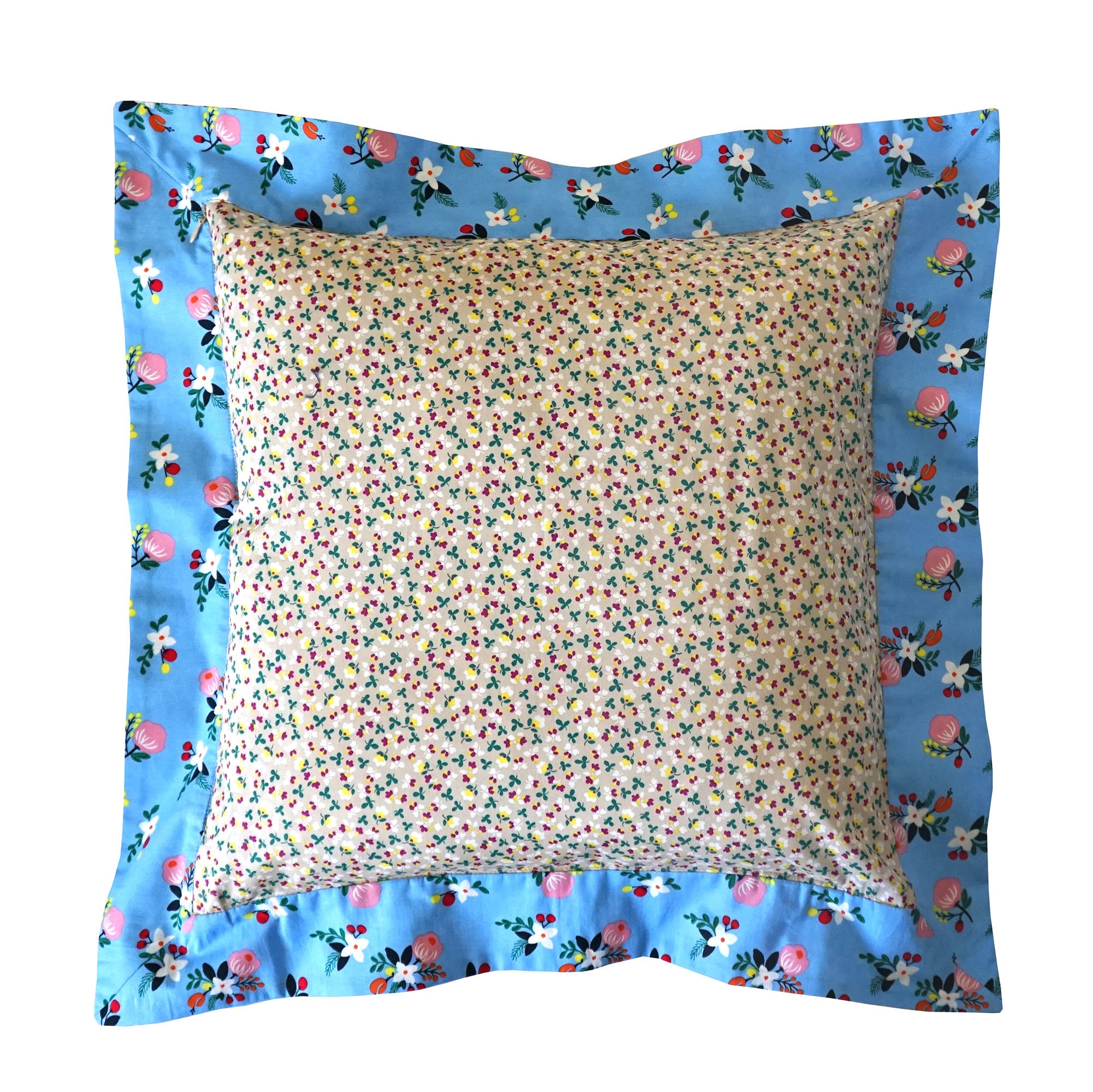 Housse de Coussin Reversible Coton Fleuri Bleu Beige 45x45 cm, Sham d'oreiller, Glissement d'oreille