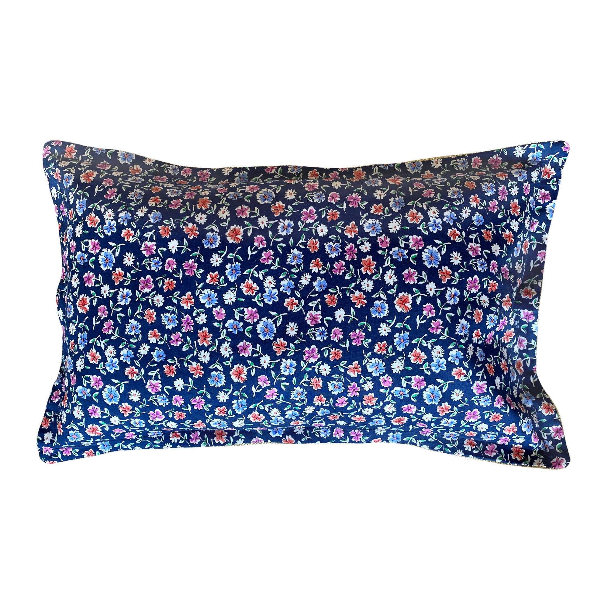 Housse d'oreiller en Coton Imprimé Motif Fleurs de Phlox, Bleu Foncé, Passepoil Lurex Doré, Oreiller