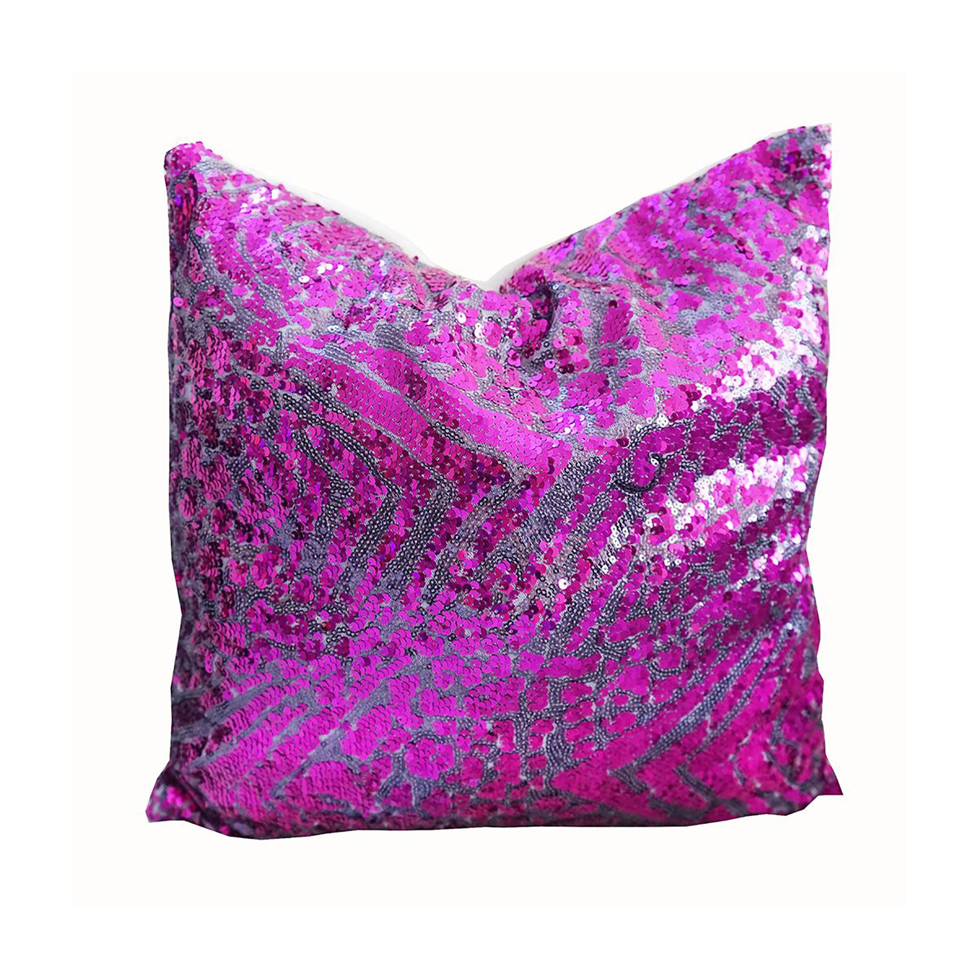 Fait Mains Housse de Coussin, Rose Fuschia, sur Mesure, Sequinces, Paillettes, Velours Blanc Cassé,