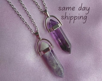 Amethyst Necklace, Crystal Gemstone Pendant, Polished Hexagonal, Point Gem, Adjustable Chain