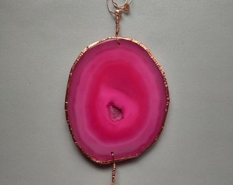 Crystal Suncatcher, Pink Agate Slice, Wall Art Or Window Decoration, Copper Trim And Wire, Glass Beads