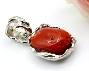 Mediterranean Coral Pendant, Deep Red Coral Pendant, Sterling Silver 925, Handmade Coral Pendant, Natural Coral Pendant, Birthstone, Gift