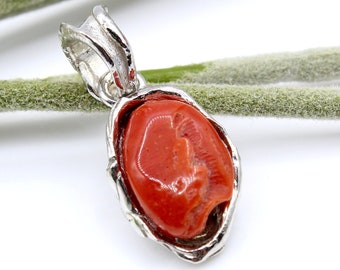 Mediterranean Coral Pendant, Deep Red Coral Pendant, Sterling Silver 925, Handmade Coral Pendant, Natural Coral Pendant, Birthstone, Gift