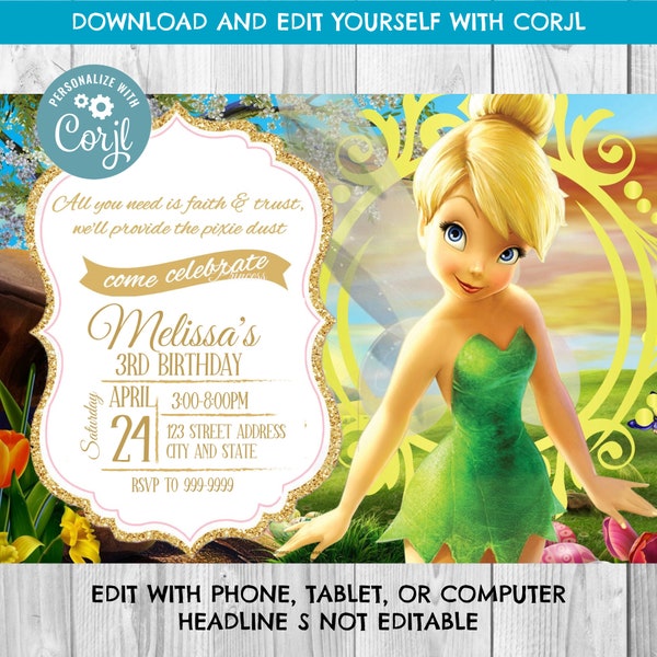 INSTANT DOWNLOAD - Tinkerbell Invitation - Tinkerbell Birthday Invitation - Tinkerbell - Birthday Invite - fairy - Princess -  Corjl