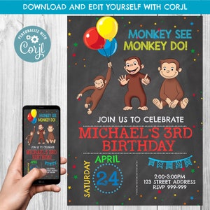 Curious George Invitation - Curious George Birthday Invitation - Curious George - Birthday Invite - Instant Download - Corjl - Monkey