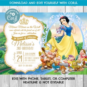 INSTANT DOWNLOAD Snow White Invitation Snow White Birthday Invitation Snow  White Birthday Invite Snowwhite Corjl 