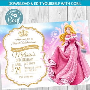 SOFORTIGER DOWNLOAD - Aurora Einladung - Aurora Geburtstagseinladung - Aurora - Geburtstag Invite - Aurora - Dornröschen Prinzessin - Corjl