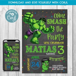 NSTANT DOWNLOAD Hulk Geburtstagseinladung, The Incredible Hulk Einladung, Avengers Einladung, Superheld Geburtstag, Hulk, Corjl