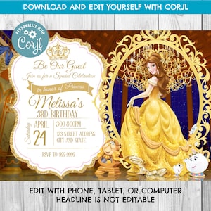DOWNLOAD IMMEDIATO - Invito di Belle - Invito di compleanno di Belle - Belle - Invito di compleanno - La Bella e la Bestia - Principessa - Corjl