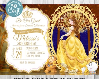 INSTANT DOWNLOAD - Belle Invitation - Belle Birthday Invitation - Belle - Birthday Invite - Beauty and the Beast - Princess -  Corjl