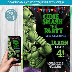 NSTANT DOWNLOAD The Hulk verjaardagsuitnodiging, The Incredible Hulk uitnodiging, Avengers uitnodiging, superheld verjaardag, Hulk, Corjl