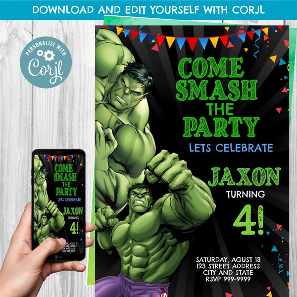 NSTANT DOWNLOAD The Hulk Birthday Invitation, The Incredible Hulk Invitation, Avengers Invitation, Superhero Birthday, Hulk, Corjl