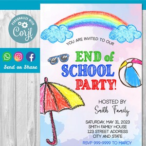 INSTANT DOWNLOAD End of School Party Invitation, Schools Out Party Invite, School&#39;s Out Instant Download, Summer End of School Year Invite
