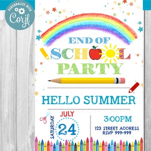 INSTANT DOWNLOAD End of School Party Invitation, Schools Out Party Invite, School&#39;s Out Instant Download, Summer End of School Year Invite