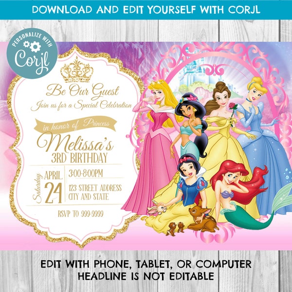 INSTANT DOWNLOAD - Princess Invitation - Princess Birthday Invitation - Princess - Birthday Invite - Princesses - Corjl