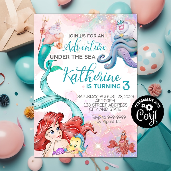 INSTANT DOWNLOAD - Little Mermaid Invitation - Little Mermaid Birthday Invitation - Little Mermaid- Birthday Invite - Little Mermaid  Corjl