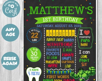 INSTANT DOWNLOAD - Hulk First Birthday Chalkboard Sign Boy Milestone Poster Printout Editable Template Birthday Board Printable Party