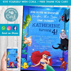 Petite sirène anniversaire Invitation, petite sirène inviter, petite sirène, petite sirène anniversaire, sirène, Corjl, téléchargement immédiat