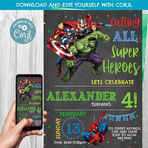 DOWNLOAD INSTANTÂNEO Convite de aniversário dos Vingadores, Convite dos Vingadores, Convite dos Vingadores, Aniversário de super-heróis, Vingadores, Super-heróis Corjl