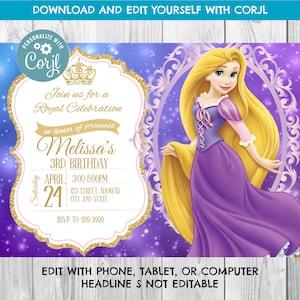 INSTANT DOWNLOAD - Tangled Invitation - Tangled Birthday Invitation - Tangled - Birthday Invite - Tangled - Princess -  Corjl