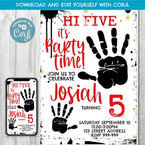 Hi Five Invitation -  Hi Five Birthday Invitation - Hi Five - Birthday Invite - Instant Download- Corjl  - 5th Birthday