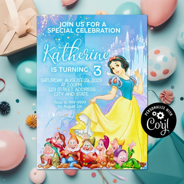 INSTANT DOWNLOAD - Snow White Invitation - Snow White Birthday Invitation - Snow White - Birthday Invite - SnowWhite - Corjl