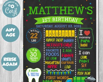 INSTANT DOWNLOAD - Garbage Truck First Birthday Chalkboard Sign Boy Milestone Poster Printout Editable Template Birthday Board Printable