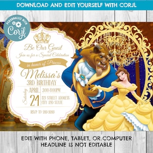 TÉLÉCHARGEMENT IMMÉDIAT - Invitation La Belle et la Bête - Invitation d'anniversaire La Belle et la Bête - Belle - Invitation d'anniversaire - beauté - Corjl