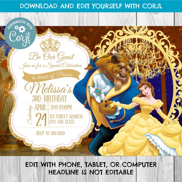 INSTANT DOWNLOAD - Beauty and the Beast Invitation - Beauty and the Beast Birthday Invitation - Belle - Birthday Invite - beauty - Corjl