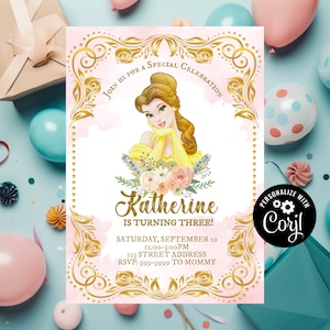 TÉLÉCHARGEMENT IMMÉDIAT - Belle invitation - Belle invitation d'anniversaire - Belle - Invitation d'anniversaire - La Belle et la Bête - Princesse - Corjl