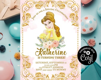 INSTANT DOWNLOAD - Belle Invitation - Belle Birthday Invitation - Belle - Birthday Invite - Beauty and the Beast - Princess -  Corjl