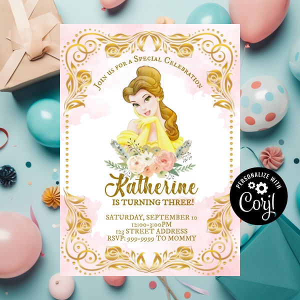 INSTANT DOWNLOAD - Belle Invitation - Belle Birthday Invitation - Belle - Birthday Invite - Beauty and the Beast - Princess -  Corjl