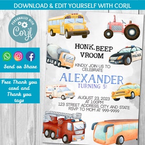 INSTANT DOWNLOAD Transportation Birthday Invitation, Transportation Invitation, Transportation Invite, Transportation Birthday, Corjl