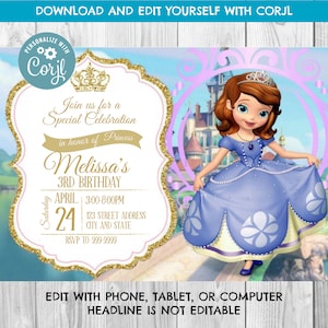 DOWNLOAD INSTANTÂNEO - Sofia a Primeira Convite - Sofia a Primeira Convite de Aniversário - Sofia a Primeira - Convite de Aniversário - Corjl