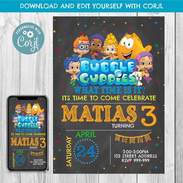 INSTANT DOWNLOAD Bubble Guppies Birthday Invitation,  Bubble Guppies Invitation, Bubble Guppies Invitation,  Bubble Guppies Birthday, Corjl