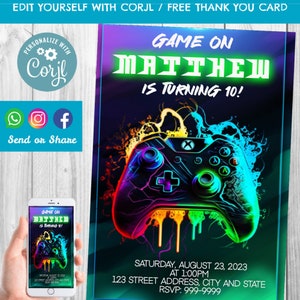 Videospiel-Geburtstags-Einladung, Videospiel-Geburtstags-Einladung, Videospiel, Videospiel-Geburtstag, Gamer, Game Controller, Corjl, Sofortiger Download