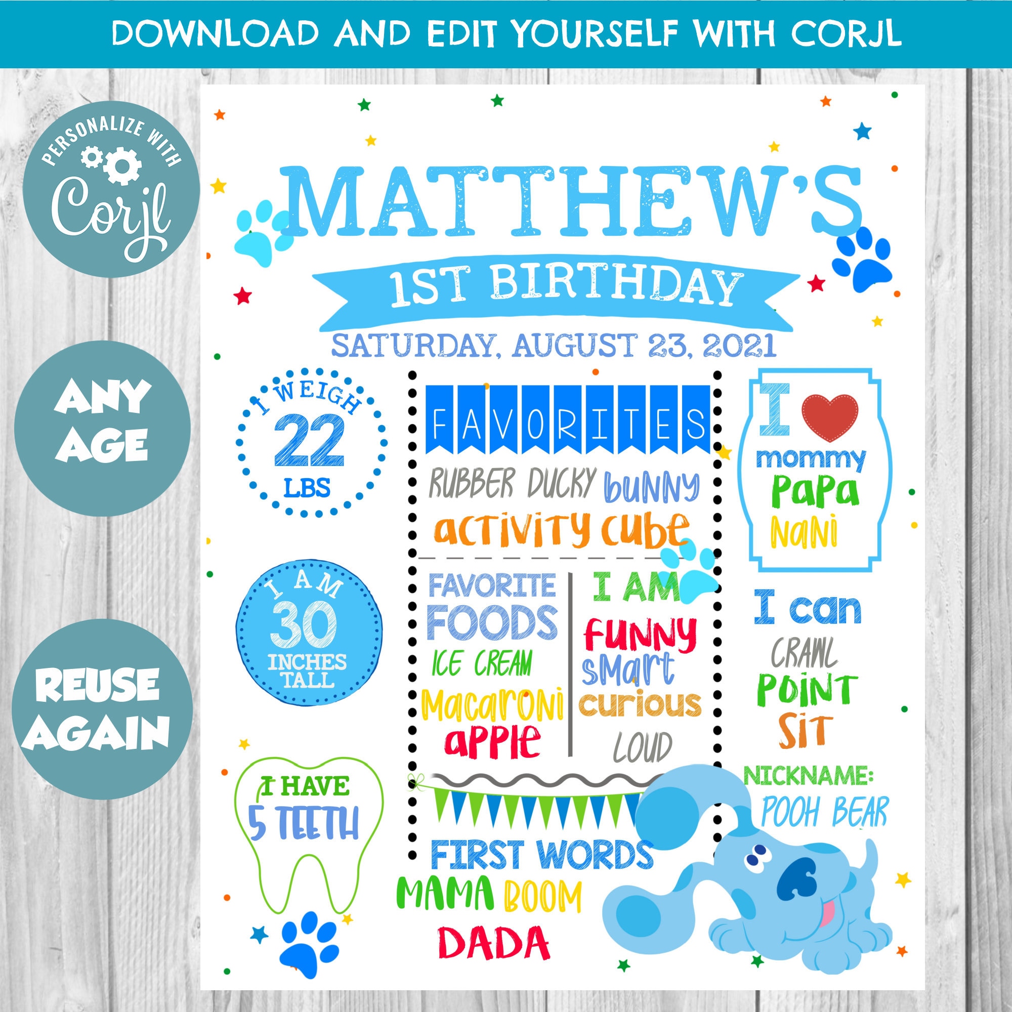INSTANT DOWNLOAD - Blues Clues First Birthday Chalkboard Sign Boy Milestone Poster Printout Editable Template Birthday Board Printable