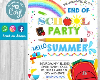 INSTANT DOWNLOAD End of School Party Invitation, Schools Out Party Invite, School&#39;s Out Instant Download, Summer End of School Year Invite