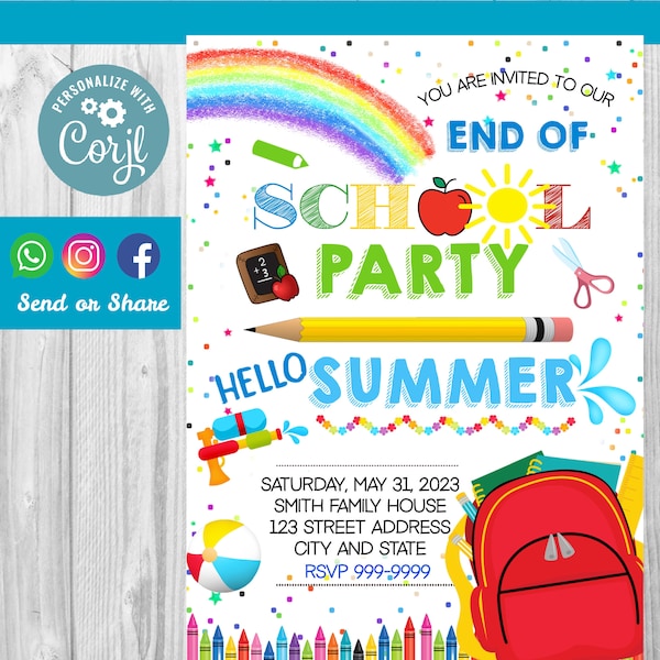 INSTANT DOWNLOAD End of School Party Invitation, Schools Out Party Invite, School's Out Instant Download, Summer End of School Year Invite