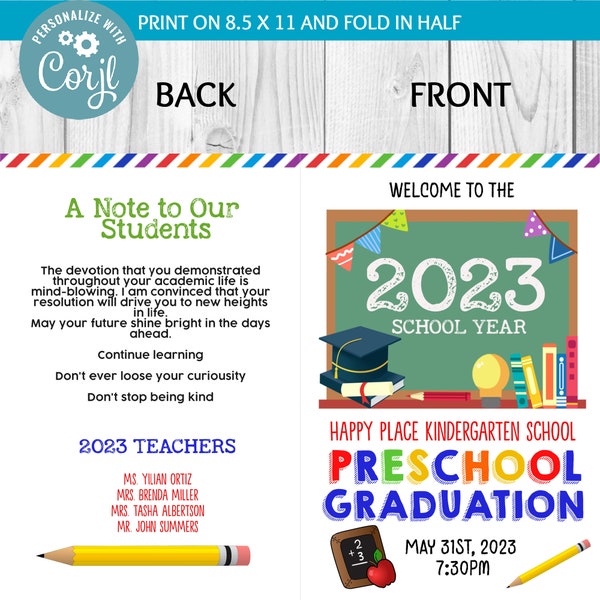 INSTANT DOWNLOAD - Editable Preschool Graduation Program, Preschool Graduation Invitation Program, preschool, kindergarten, daycare