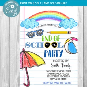 INSTANT DOWNLOAD End of School Party Invitation, Schools Out Party Invite, School&#39;s Out Instant Download, Summer End of School Year Invite