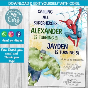TÉLÉCHARGEMENT INSTANTANÉ L’invitation d’anniversaire de Hulk, L’Incroyable invitation de Hulk, Invitation Avengers, Anniversaire de super-héros, Hulk Spiderman Corjl