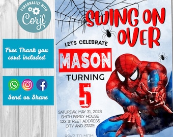 INSTANT DOWNLOAD Spiderman Birthday Invitation, Spiderman Invitation, Spiderman Invitation, Superhero Birthday, Spiderman, Corjl