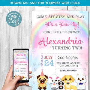 Convite de aniversário de cachorrinho, convite de cachorrinho, festa de cachorrinho, convite de cachorrinho, festa de aniversário de cachorrinho, cachorrinho, cachorro, Pawty, download instantâneo, Corjl