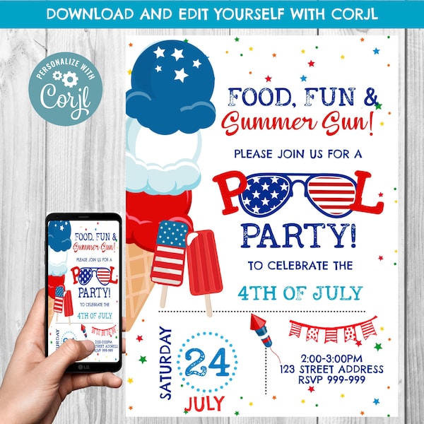 INSTANT DOWNLOAD, 4th of July Invitation, Fourth of July Celebration, BBQ Fireworks, Neighborhood Block Party, July 4th, 4th of July