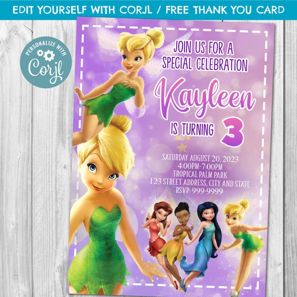 INSTANT DOWNLOAD Tinkerbell Birthday Invitation, Tinkerbell Invitation, Tinkerbell Invite, Tinkerbell Birthday, Girl Birthday Corjl