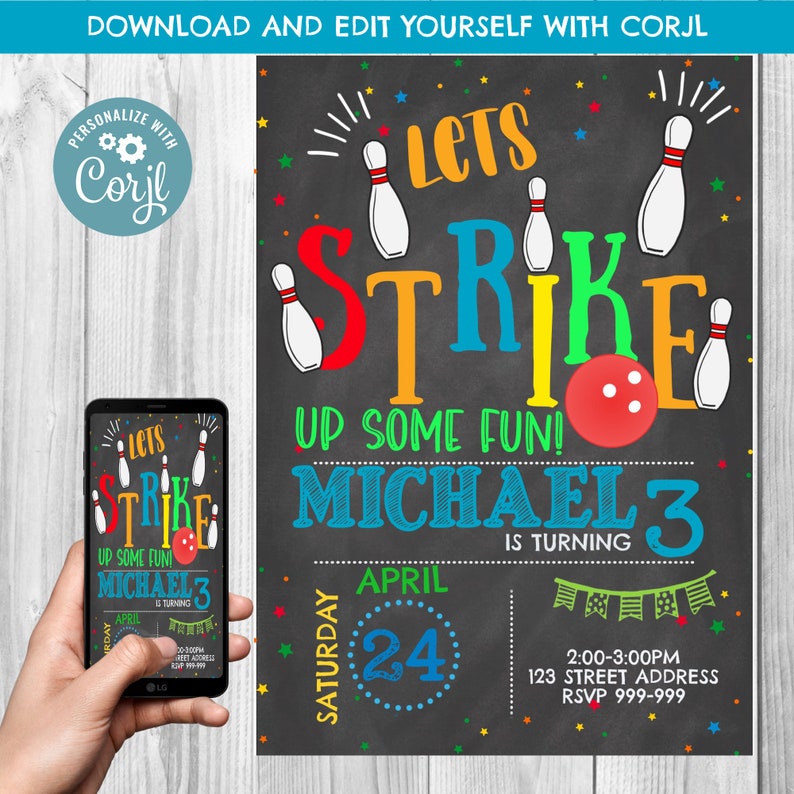 INSTANT DOWNLOAD Bowling Party Invitations Bowling Party Invitation Bowling Birthday Party Invitation Bowling Invitation