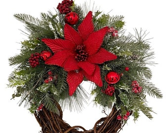 Poinsettia wreath for front door, Holiday Front Porch Wreath, Evergreen Wreath for Entry Way Table, Unique wreath for Rustic Mantel